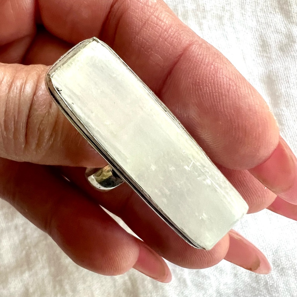 925 Raw Selenite Long Geometric Ring 9